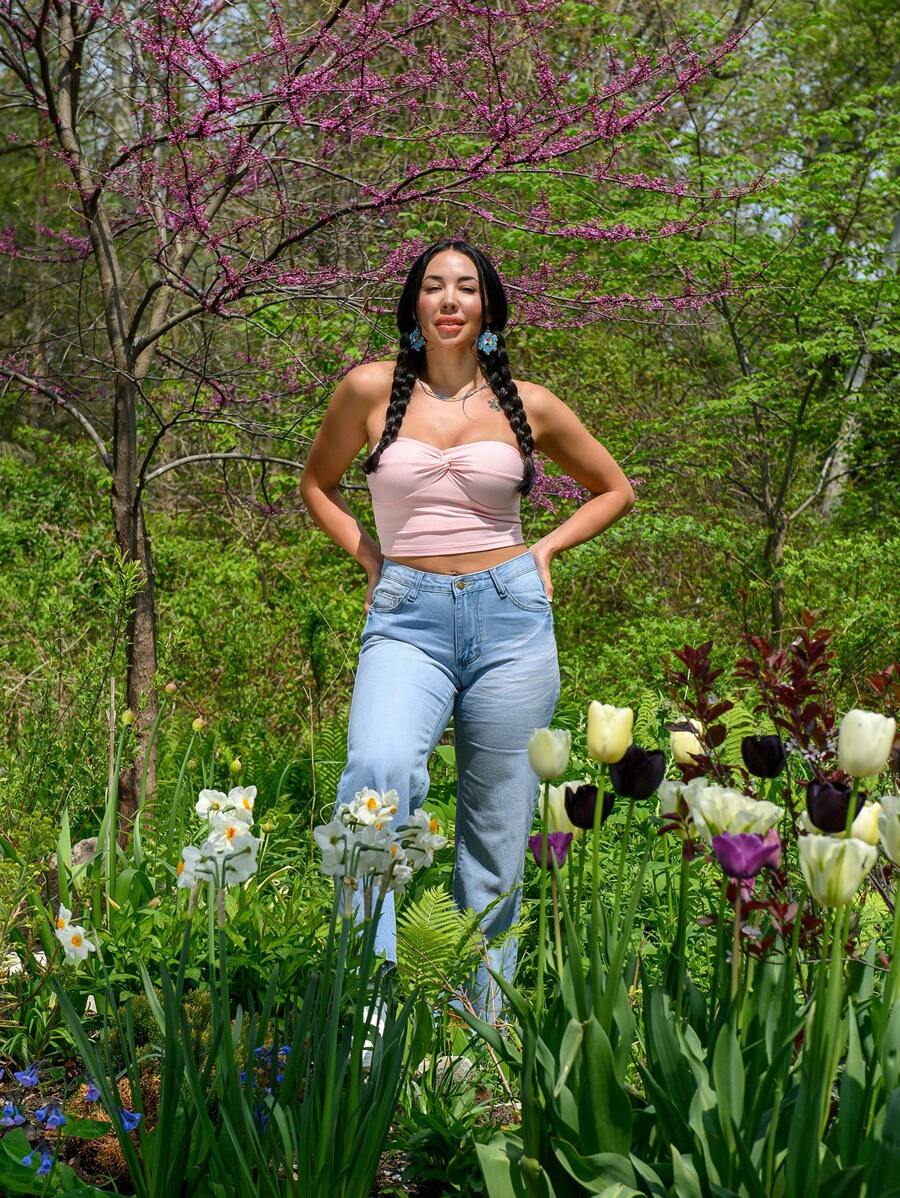 SHEIN x Marika Sila SHEIN MOD Twist Front Ribbed Knit Tube Pink Cropped Summer Top