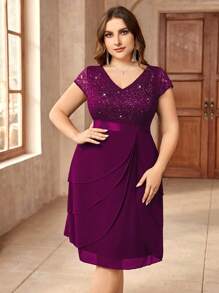 Sequin Lace V-Neck Ruffle Hem Chiffon Cocktail Dress, Suitable For Valentine's Day, Dinner Date, Graduation Ceremony, Homecoming - Maroon - View 7