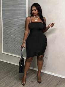 Slaydiva Plus Size Summer Casual Solid Color Spaghetti Strap Dress - Black - View 7