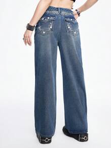 ROMWE Grunge Punk Star Wing Vine Embroidered Rhinestone Wide Leg Jeans For Women - Blue - View 4