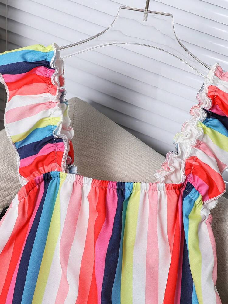 Tween Girl Vacation Casual Colorful Striped Ruffle Hem Dress