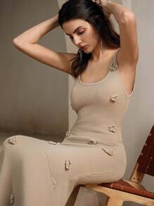 Anewsta Women's Slim Fit Fish Tail Shaped Camisole Cover Up With 3D Floral Design, Summer - Apricot - View 6