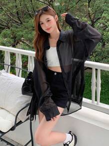 DAZY Áo chống nắng tay dài màu trơn cho nữ, mùa hè, áo dài tay mỏng, quần áo nữ mùa thu - màu đen - Xem 3