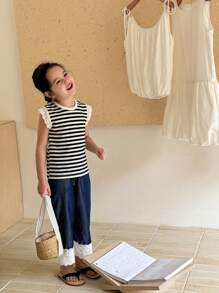 SHEIN Young Girl Casual Blue Striped Knit Top With Lace Sleeves And Blue Pants With Lace Hem, 2pcs/Set, Suitable For Vacation And Outings - Multicolor - View 3