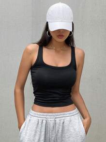 DAZY 女士夏季休閒純色修身短款背心上衣 - 黑色 - 查看 3