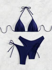 SHEIN Swim 3pcs Women's Solid Color Halter Halter Sexy Bikini Set For Summer Beach, Including Separated Bikini Set - Navy Blue - View 3