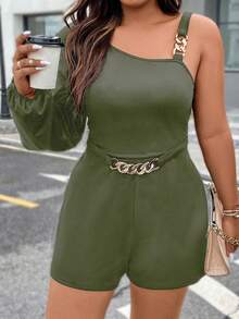 Celure Plus Size Thời trang mùa hè Bộ áo liền quần có đường viền cổ bất đối xứng màu trơn có trang trí kim loại - xanh quân đội - Xem 4