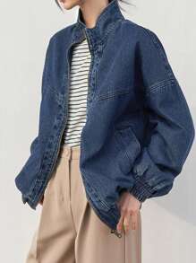 DAZY Drop Shoulder Zip Up Denim Jacket - Dark Wash - View 3