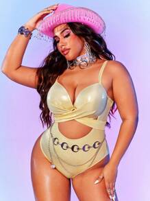 Swim EVENT Plus Size Fashionable Shiny Plain Hollow-Out One-Piece Swimsuit Summer - Gold - View 5