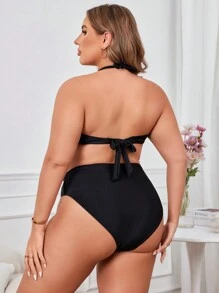 SHEIN Swim Curve 大码沙滩装，撞色边饰，两件套比基尼，适合夏季海滩 - 黑色 - 查看 2
