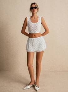 SHEIN Frenchy Low Waist Skirt Bud Shorts White Lace Skirt Sexy Skirt Cute Culottes Miniskirt Lovely Skirt Double Layer Lace A-Line Skirt Mini Skirt Lounge Wear White Skirt Summer Clothes Lace Skirt Sexy Women Skirt White Skirt Tea Party Attire Graduation White Skirt Wedding Women Skirt Country Concert Outfit - White - View 2