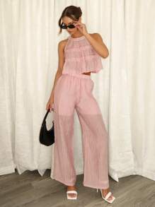 SHEIN Essnce 女性粗紋套裝，包括荷葉邊背心和長褲兩件套，粉色，夏季休閒舊錢裝嬰娃洋裝 - 粉色 - 查看 5