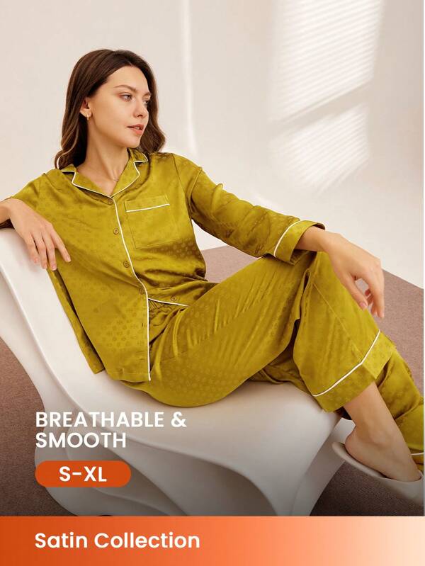 LUVLETTE Conjunto de pijama largo de satén con estampado floral y lunares retro para mujer, ropa de descanso de otoño e invierno