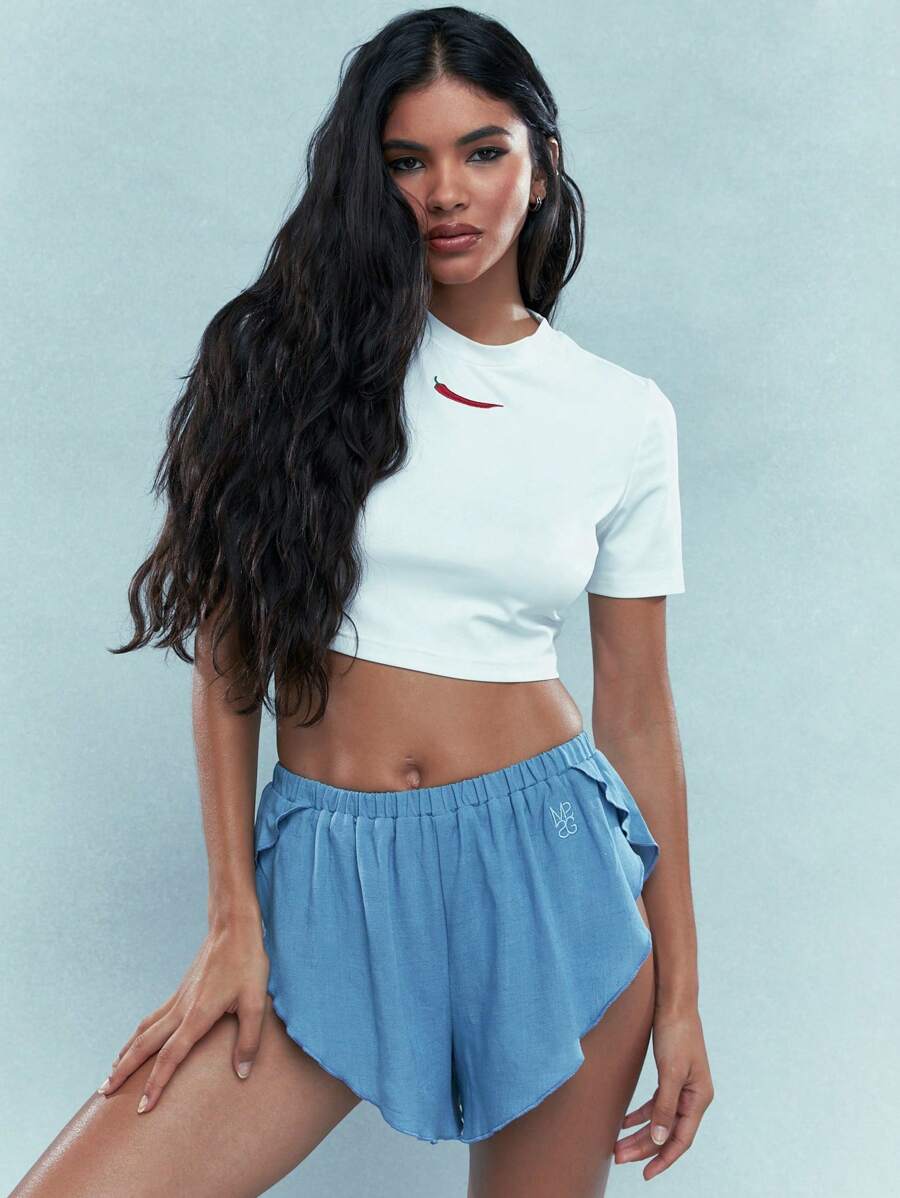 MISSGUIDED Jersey Fitted Crop Top With Chilli Embroidery - White - View 1