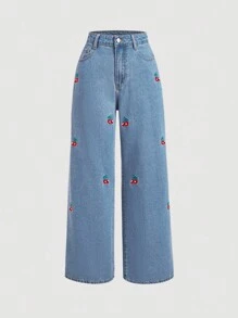 SHEIN MOD Quần jean ống đứng thêu hoa anh đào cho nữ, quần thường ngày có túi - Rửa nhẹ - Xem 3