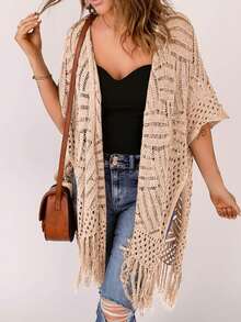 Acelitt Áo khoác kimono nữ mùa hè màu trơn, dệt rỗng, có tua rua ở viền, kiểu dáng thường ngày đi biển. - Màu be - Xem 5