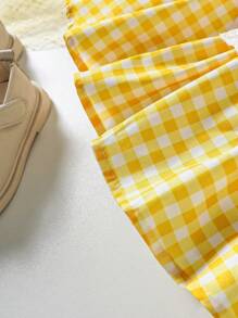 Baby Girl Plaid Printed Dress With Bowknot Decoration And Suspender Skirt Set
