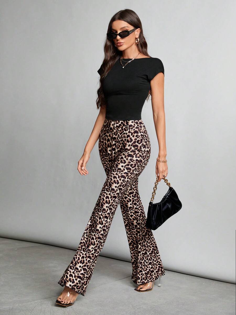 SHEIN Tall Leopard Print Knit Women's Flared Trousers - Brown - View 1