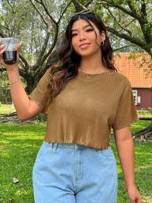 SHEIN EZwear Plus Size Women's Summer Solid Color Round Neck Short Sleeve T-Shirt With Frill Trim - Brown - View 4