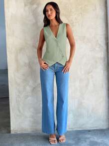 Aloruh Women's Fashionable Solid Color Sleeveless Elegant Blazer Top - Mint Green - View 5