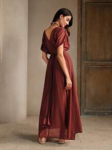 Anewsta Classic & Romantic Women's V-Neck Pleated Waist Dress With Linen Fabric Maxi Women Outfit