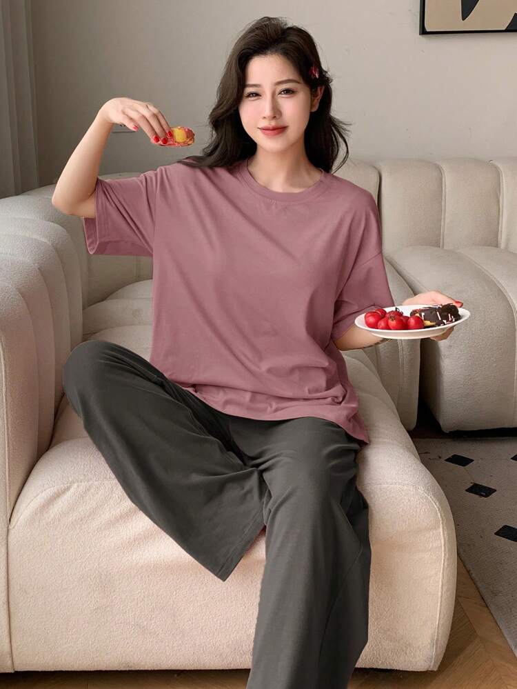Minimalist Monochrome Short Sleeve Top And Long Pants Homewear Set, Outfits Pajama