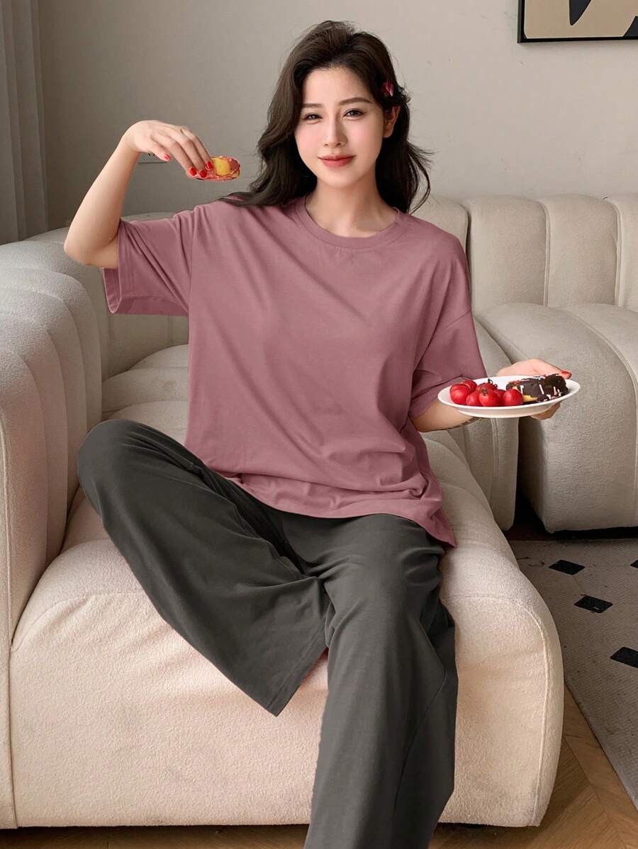 DAZY Bộ đồ mặc nhà đơn sắc tối giản gồm áo ngắn tay và quần dài, đồ ngủ - Nhiều màu - Xem 1