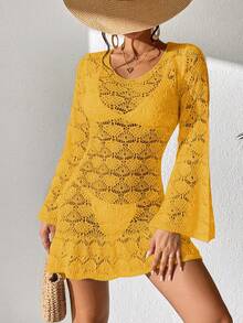 SHEIN Swim 假期游泳防曬針織鉸孔背心連荷葉邊詳細裝飾 - 黃色 - 查看 3