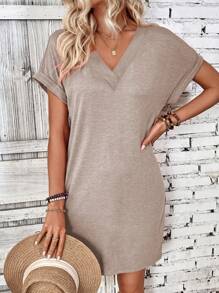 EMERY ROSE Ladies' Casual Plain And Simple Summer Short Sleeve Daily Wear T-Shirt Dress - Khaki - View 4