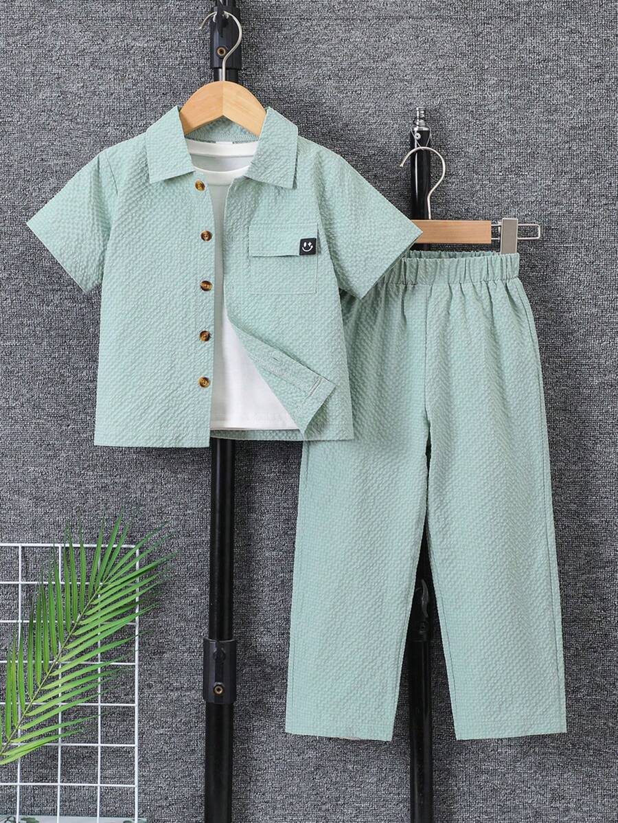 Young Boys Solid Color Simple Daily Short Sleeve T-Shirt And Long Pants, 2pcs/Set - Green - View 1