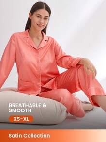 LUVLETTE Flora Satin-Jacquard Long Bridesmaid Women Pajama Set Lounge Sets - Orange - View 1