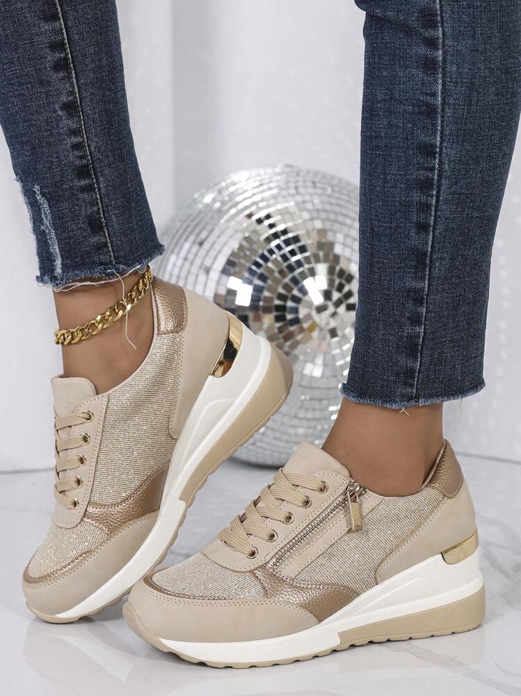 Tênis Esportivos Femininos Confortáveis e da Moda com Cadarço em Bloco de Cores, Tênis Casuais Leves e Minimalistas para Uso Externo com Plataforma de Alta Qualidade. Observação: Os Tênis Têm Tamanho Pequeno, Verifique Cuidadosamente a Tabela de Tamanhos. - Caqui - Visão 7
