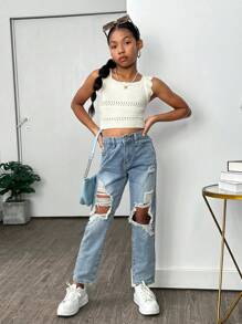 Firerie Kids Firerie Kids Tween Girl Vacation Casual Spring/Summer Knit Perforated Camisole Top - Apricot - View 5