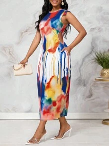 SHEIN Lady Vestido de damas con estampado tie-dye colorido con bolsillo, perfecto para conciertos de música country - Multicolor - Ver 3
