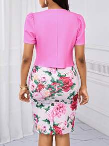 SHEIN Lady Conjunto de 2 piezas para mujer de vestido estampado de cuello redondo sin mangas con chaqueta de unicolor, para todas las estaciones - Multicolor - Ver 2
