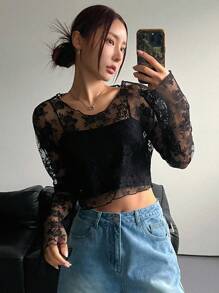 DAZY Áo ren mỏng cho nữ dự tiệc và sự kiện ở trường Áo dài tay mùa hè dành cho nữ - màu đen - Xem 1