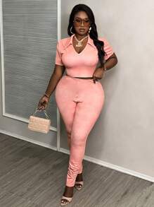 Slaydiva Casual Women's Plus Size Texture Printed V-Neck Collared Slim Fit Split Two-Piece Set - C - Dusty Pink - View 5
