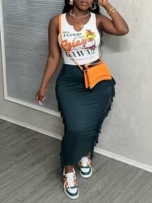 Slaydiva Summer Leisure Vacation U-Neck Hollowed Out Coconut Tree English Slogan Printed In The Front Truncated White Vest Tassel Dark Green Skirt Women's Two-Piece Set-H