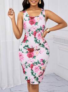 SHEIN Lady Conjunto de 2 piezas para mujer de vestido estampado de cuello redondo sin mangas con chaqueta de unicolor, para todas las estaciones - Multicolor - Ver 4