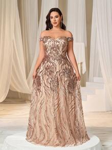 大码优雅露肩亮片网纱舞会礼服 - 香檳色 - 查看 5