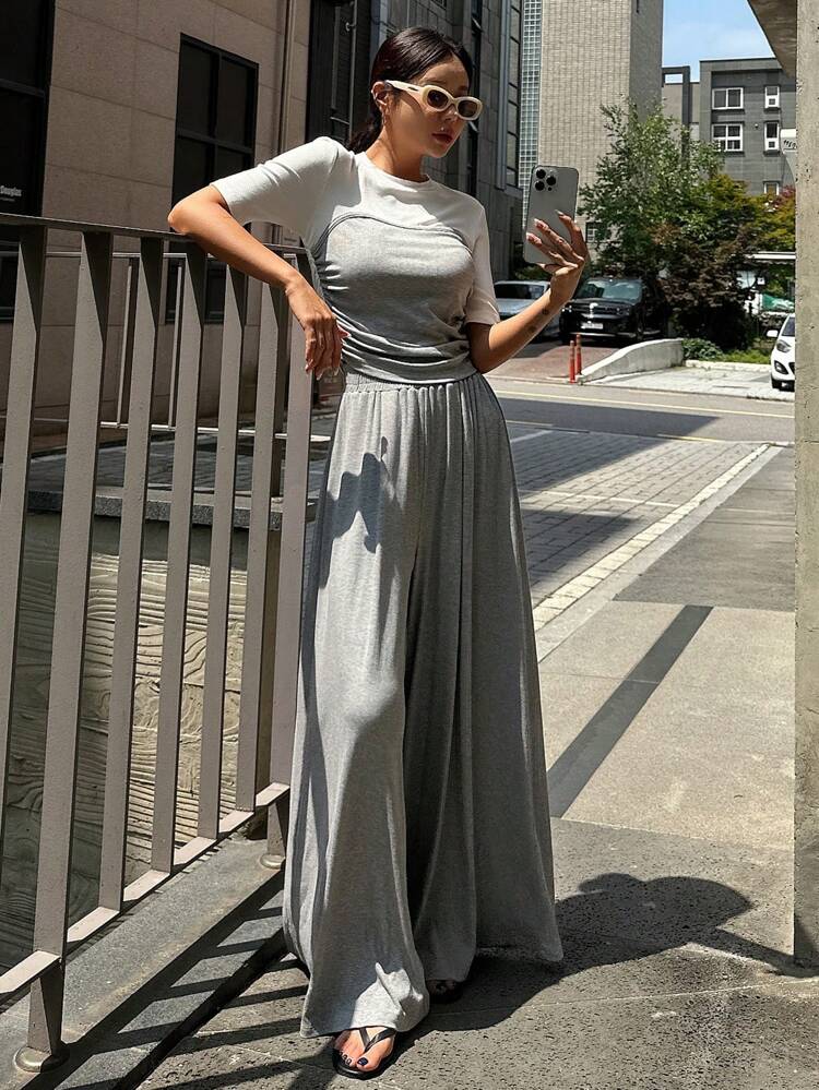 Women's Fashion Color Block Short Sleeve Top And Long Pants Set, Women Two Pieces Sets Lounge Sets For Women