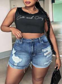 SHEIN CURVE+ Plus Size Nữ Đau Khổ Miếng Dán Cường Lực Viền Sờn Quần Short Denim Thường Ngày Có Túi - Rửa trung bình - Xem 6