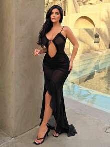 SHEIN SXY Váy gợi cảm trong mờ cổ chữ V khoét sâu mùa hè - màu đen - Xem 5