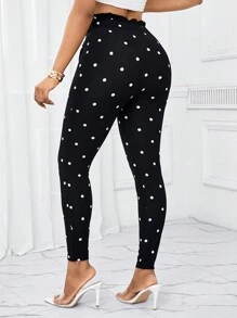 SHEIN Lady 女士黑白波點彈性運動打底褲，女式健身褲 - 黑與白 - 查看 2