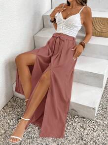 SHEIN Frenchy Vacation Split Tie Waist Loose Trousers Chic Pink Summer Casual Holiday Resort - Dusty Pink - View 5