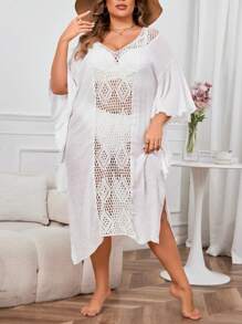 Plus Size Women's Summer Solid Color Crochet Patchwork Woven Shawl Dress - White - View 4
