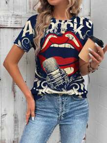 SHEIN LUNE Summer Fashionable Lips And Microphone Print Short Sleeve Women's T-Shirt For Casual Wear - Multicolor - View 4