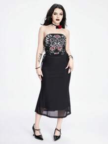 ROMWE Goth 女士印花鑽石束口上衣，設有束腰帶 - 黑色 - 查看 4