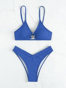 SHEIN Swim Women's Solid Color Circle Link Sexy Bikini Set For Summer Beach, 2 Pieces - Royal Blue - View 3