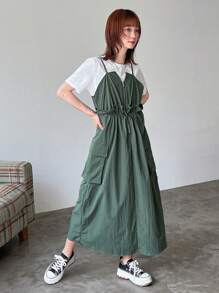 FRIFUL 女式休闲纯色可调节抽绳腰无袖连衣裙，适合返校季太阳裙 - 墨綠色 - 查看 6